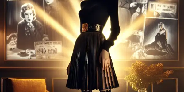 A stylish figure in black stockings poses in a dimly lit film noir room with vintage movie posters.