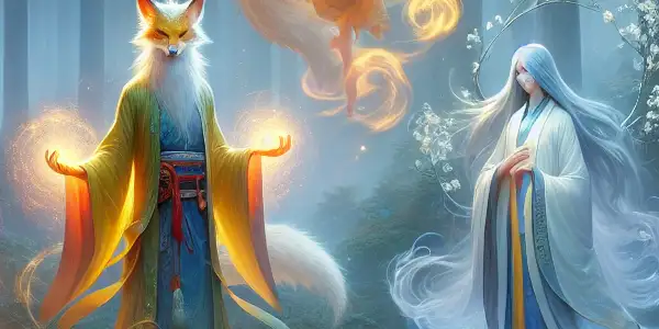 A mystical forest scene featuring the five legendary spirits of Northeast China, each with unique ethereal traits.