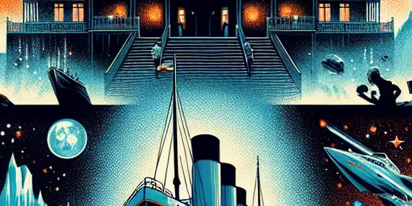 A cinematic illustration featuring iconic symbols from "Citizen Kane," "Titanic," and "Star Wars," evoking nostalgia and timelessness.