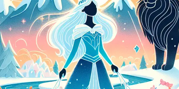 A whimsical scene featuring an adventurous princess in icy blue attire on a snowy mountain with animal friends and playful elements.