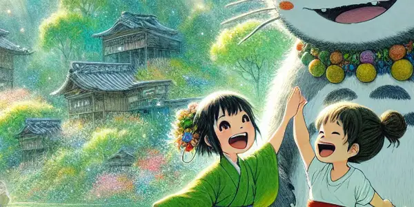 Two young sisters joyfully interact with the friendly forest spirit Totoro in a vibrant Japanese countryside.