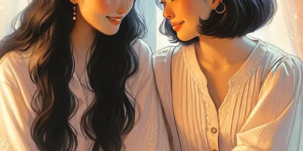 Two young women share a tender moment in a cozy, warmly lit room filled with personal touches.