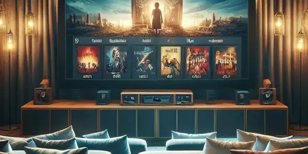A cozy home theater with a large screen, plush seating, warm lighting, and movie posters.