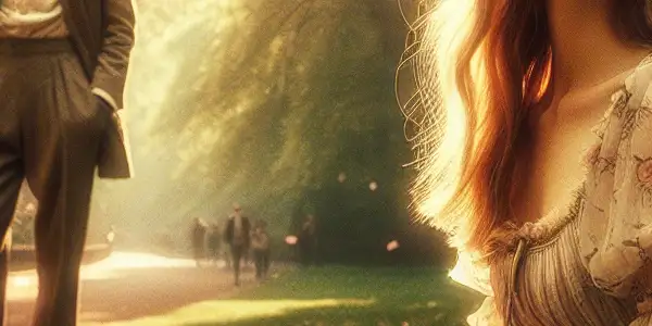 A young couple in a sunlit park, embodying innocence and the allure of forbidden love amidst cherry blossoms.